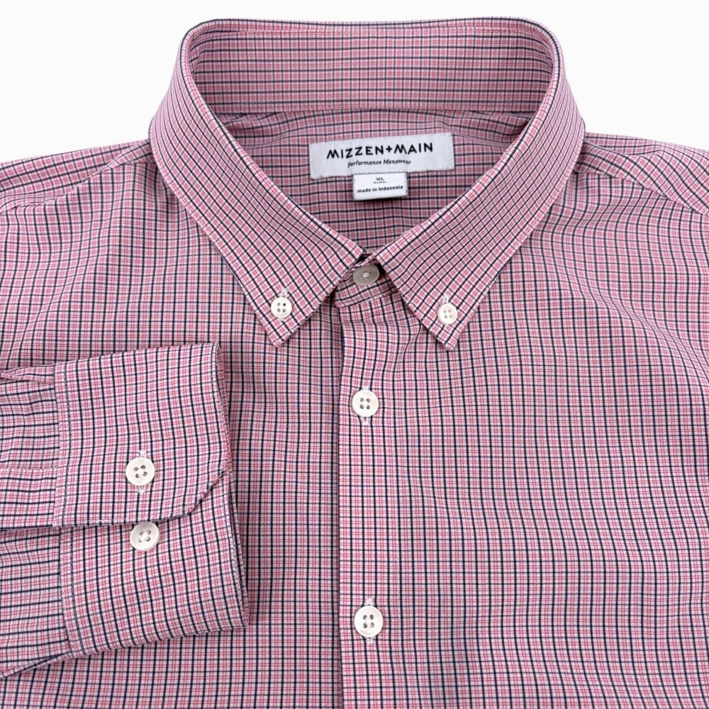 Mizzen Main Men XL Trim Fit Performance Dress Shirt Red Navy Micro Check Stretch